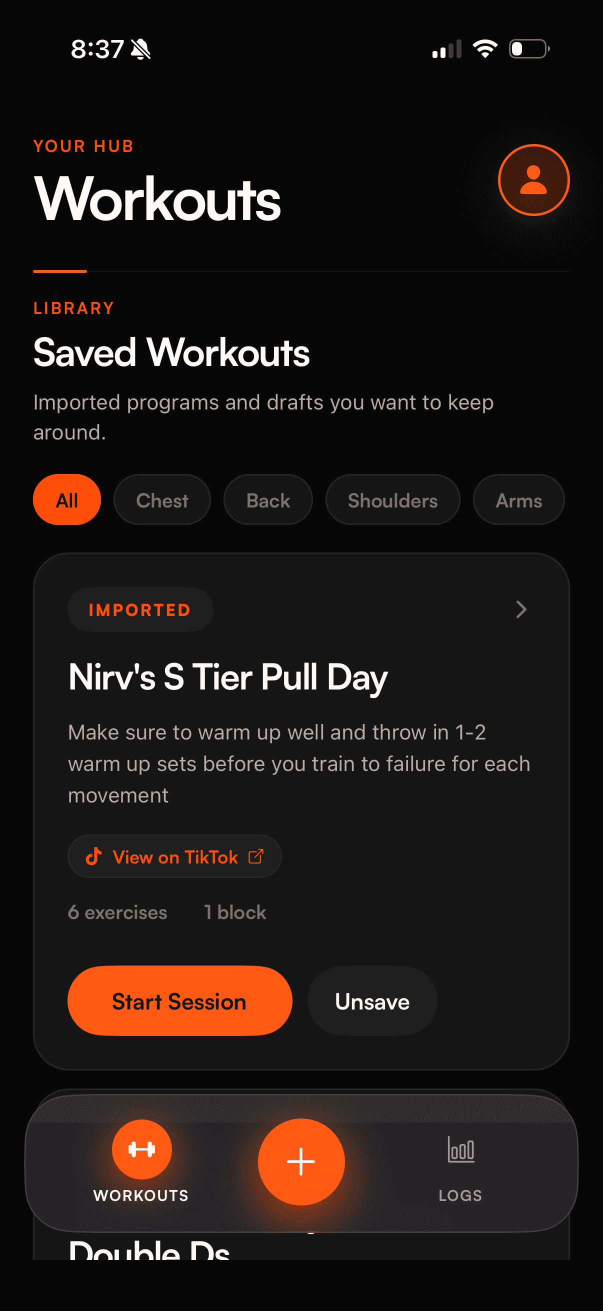 Workouts hub with saved library