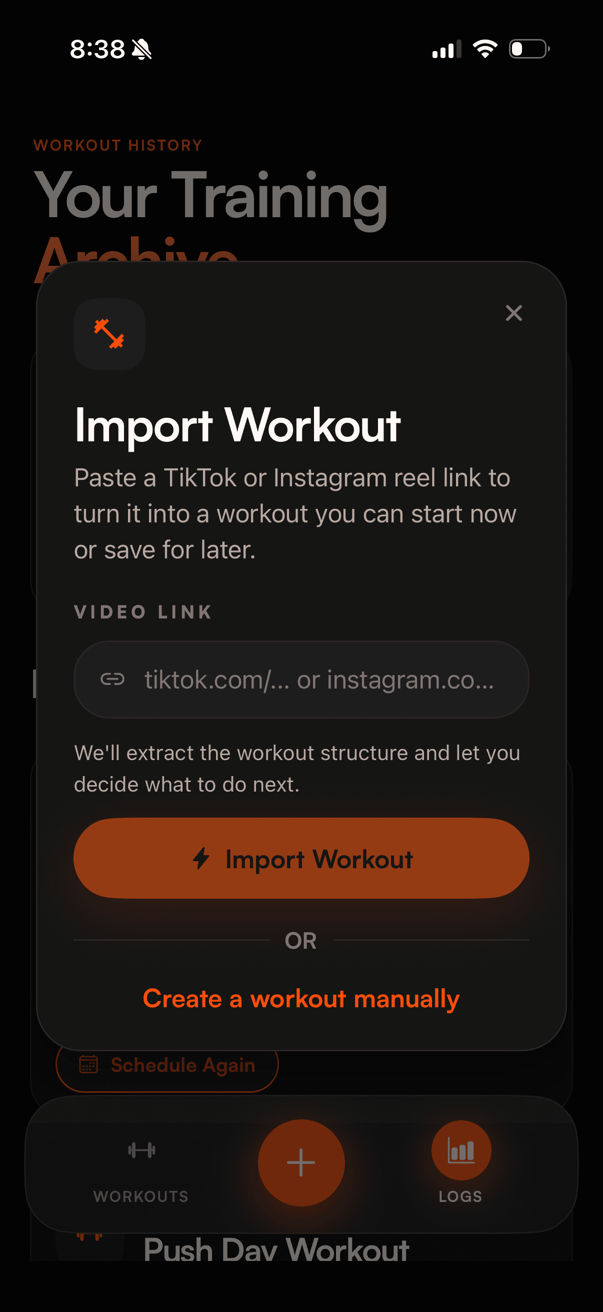 Import Workout screen