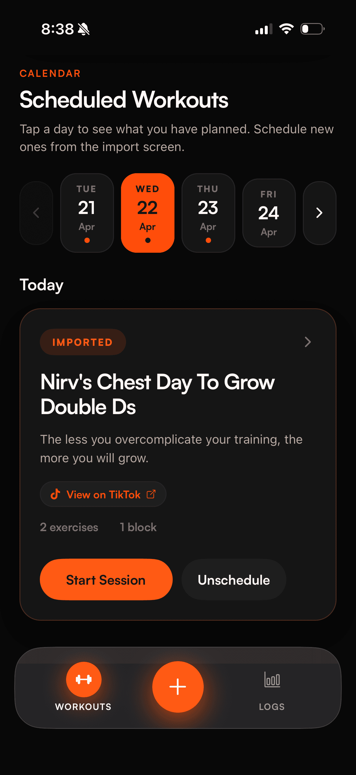 Scheduled workouts calendar