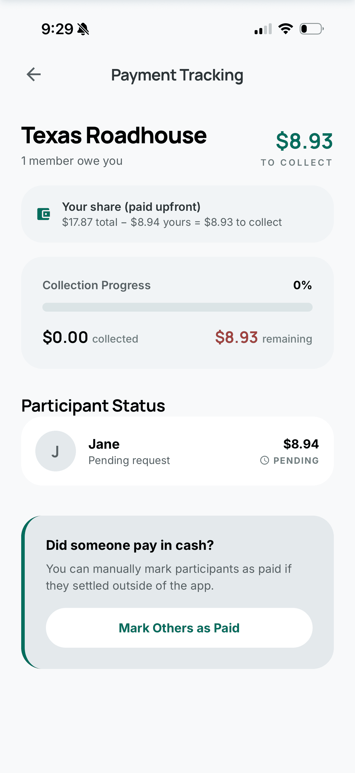 Payment tracking with collection progress